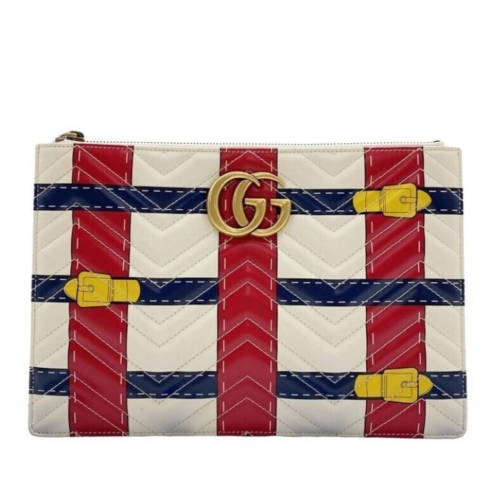 Gucci GG Marmont Clutch Bag Leather Ivory White Red Navy Blue